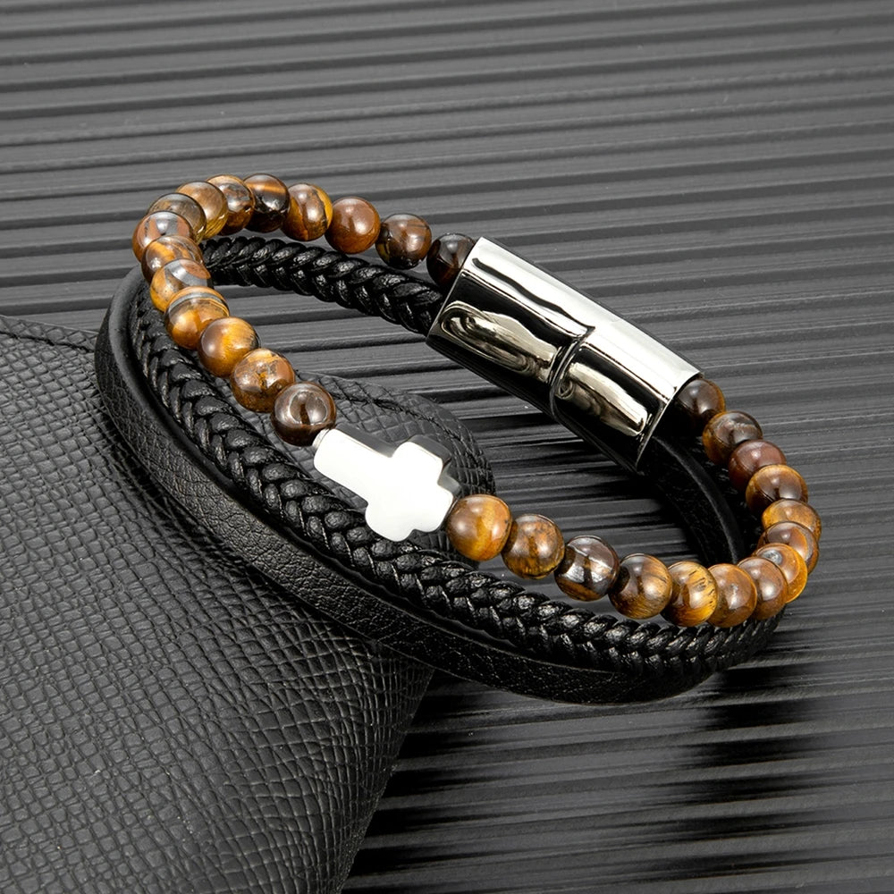 yellow tiger eye natural stone bracelet with cross and braided leather