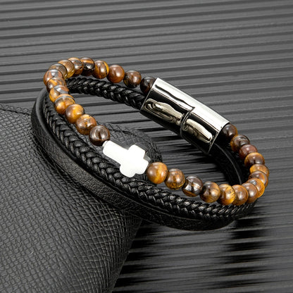 yellow tiger eye natural stone bracelet with cross and braided leather